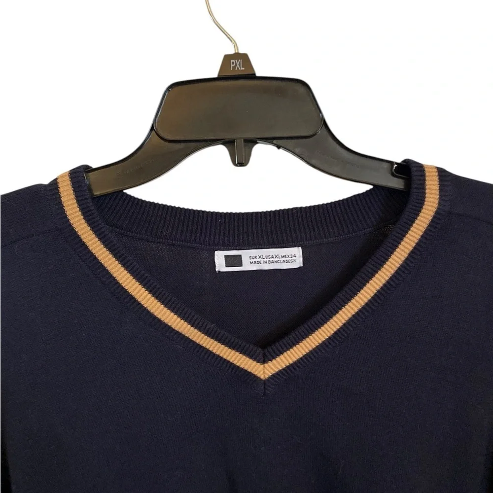 Cotton Knit Blue Tan strip V-neck Sweater  eclectic Grandpa fisherman old money